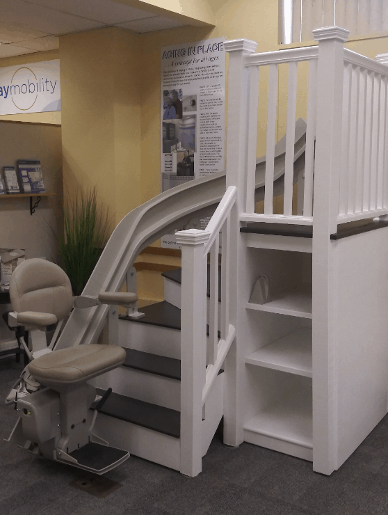 Bruno curved stair lift in Lifeway Mobility Massachusetts showroom